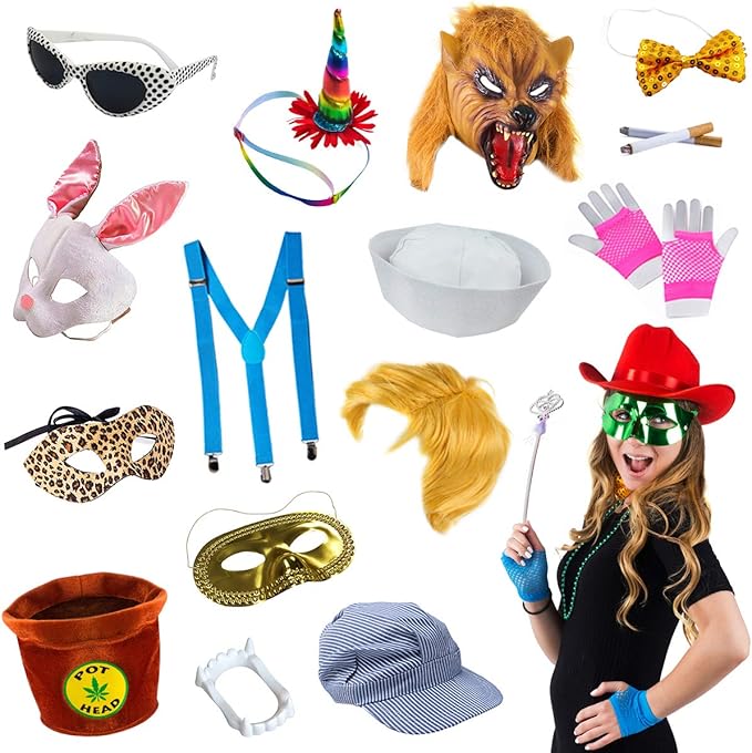 Funny Party Hats Photo Booth Props - for Parties - Assorted Kit (18 Pc Adult Props)