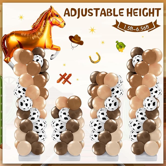 Kasyat 2 Sets Cowboy Birthday Party Balloon Column Stand Kit Western Party Decorations, Hat and Horse Foil Balloons Adjustable Stands for My First Rodeo Decorations Boy