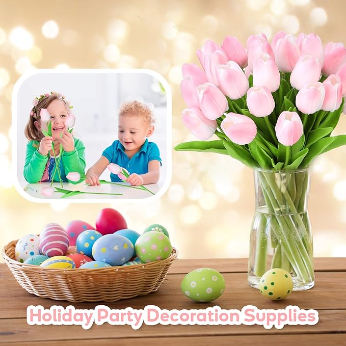 Jexine 100 Pcs Artificial Real Touch Tulips Fake Artificial Tulip Flower Bulk Bouquet with Stem for Table Centerpieces Wedding Bridal Easter Mother's Day Garden Home Decor, 13.4''(Pink)