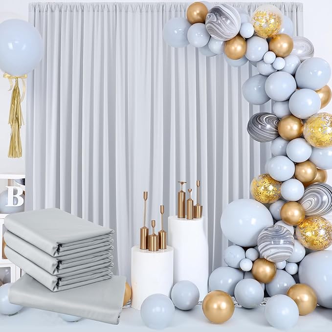 20 ft x 10 ft Wrinkle Free Silver Backdrop Curtain for Parties, Polyester Silver Grey Backdrop Drapes 4 Panels 5x10ft for Baby Shower Photoshoot Engagement Wedding Birthday Photography Background