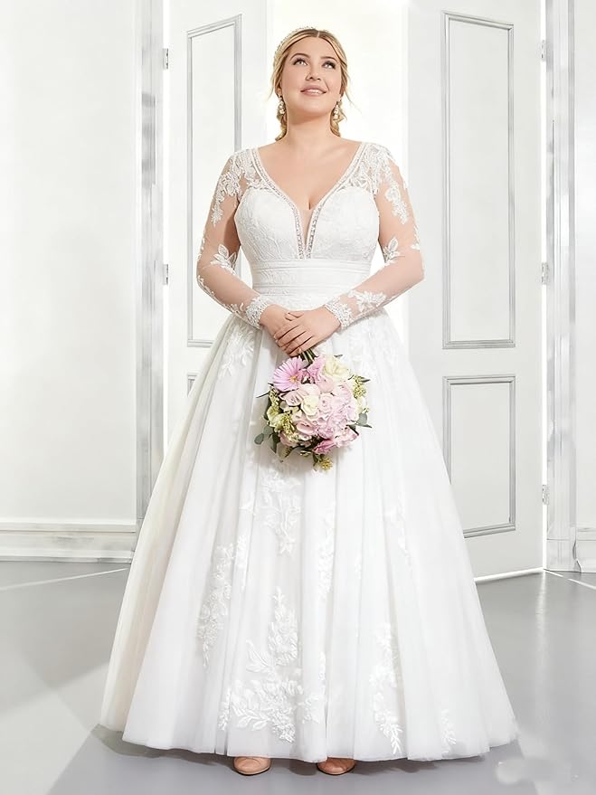 Plus Size Wedding Dresses for Bride Long Sleeve Wedding Bridal Gowns with Lace Appliques Off Shoulder Bride Dress