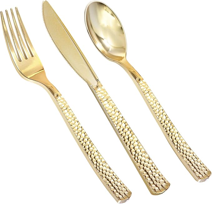 Supernal 360pcs Plastic Gold Silverware,Cutlery,Disposable Utensils,120 Plastic Knives,120 Gold Forks,120 Disposable Spoons,Perfect for Birthday,Party,Wedding