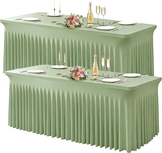 Wish Care 2 Pack Sage Green Spandex Table Clothes for 4 Foot Rectangle Tables, 4FT Wrinkle Free Fitted Tablecloths Ruffles Design Table Cloth for Party, Banquet, Wedding and Events