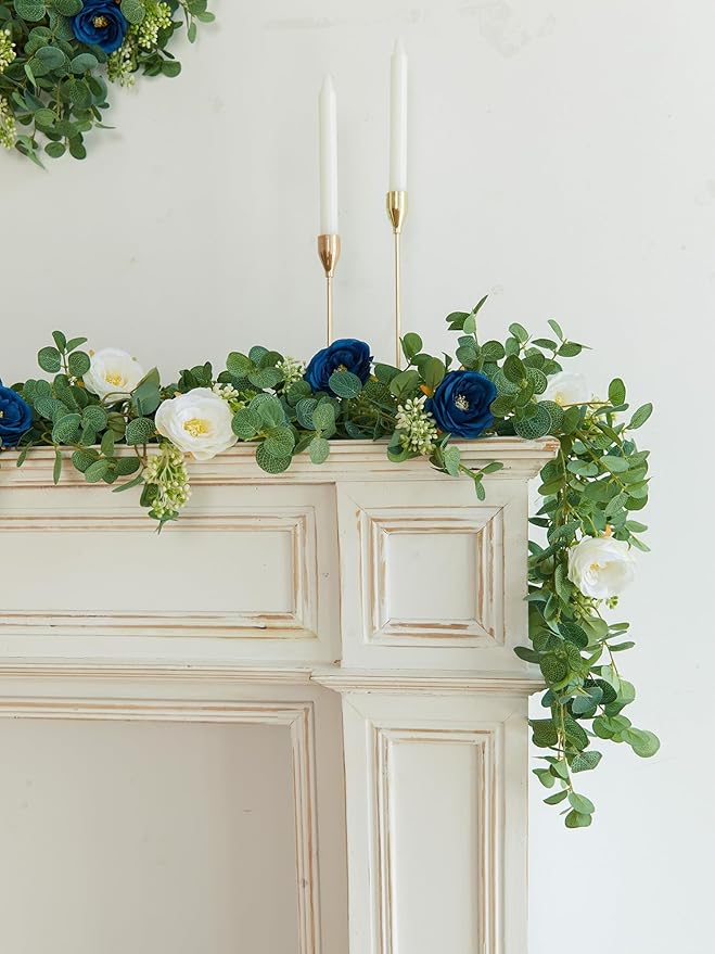 PARTY JOY 2pcs 6.56ft Eucalyptus Garland with Flowers-8 Blue White Roses, Artificial Fake Flowers Greenery Garland Floral Vines for Decoration Party Wedding Table Indoor Outdoor Backdrop Wall Decor