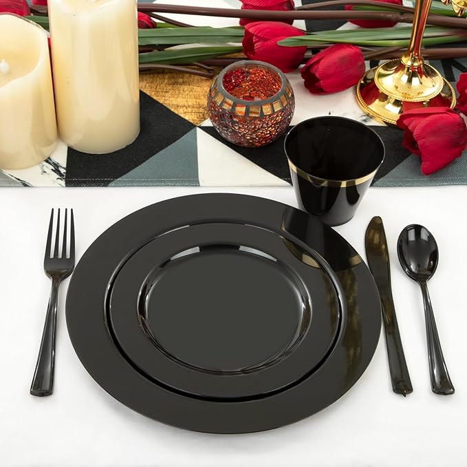 EI 350pcs Black Plastic Plates Disposable Heavy Duty Plastic Dinnerware Set Pre Silverware and Napkins Set Black and Gold Cups for Party Suit for Party,Wedding,Afternoon Tea,Spring,Valentine's Day