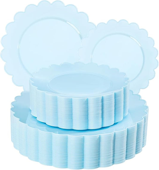 supernal 100pcs Blue Scalloped Plastic Plates-Blue Disposable Plates Heavy Duty-Disposable Plate Set for Party Wedding-Include 50 Plastic Dinner & Dessert Plate Perfect for 50 Guests