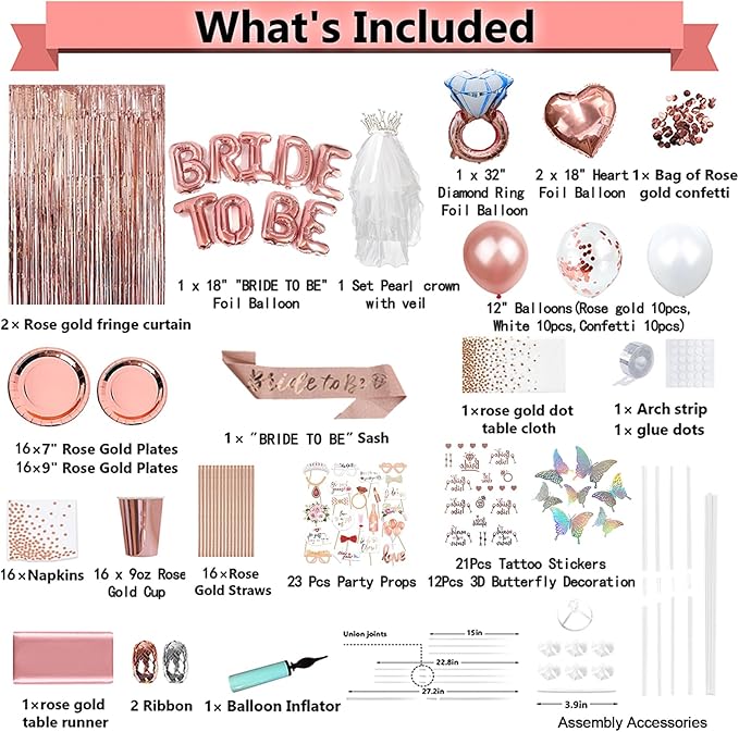 224 Pcs Rose Gold Bachelorette Party Decorations for Bride, Bridal Shower Party Supplies Set with "Bride To Be" Banner, Veil, Tiara, Sash, Balloons, Tableware and Photo Props