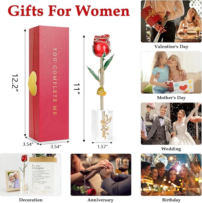 Valentine Gift Real Rose Dipped 24K Gold ，Best Valentines Rose Gift for Her Wife Mother Women，Forever 24k Rose with Crystal Stand-Red