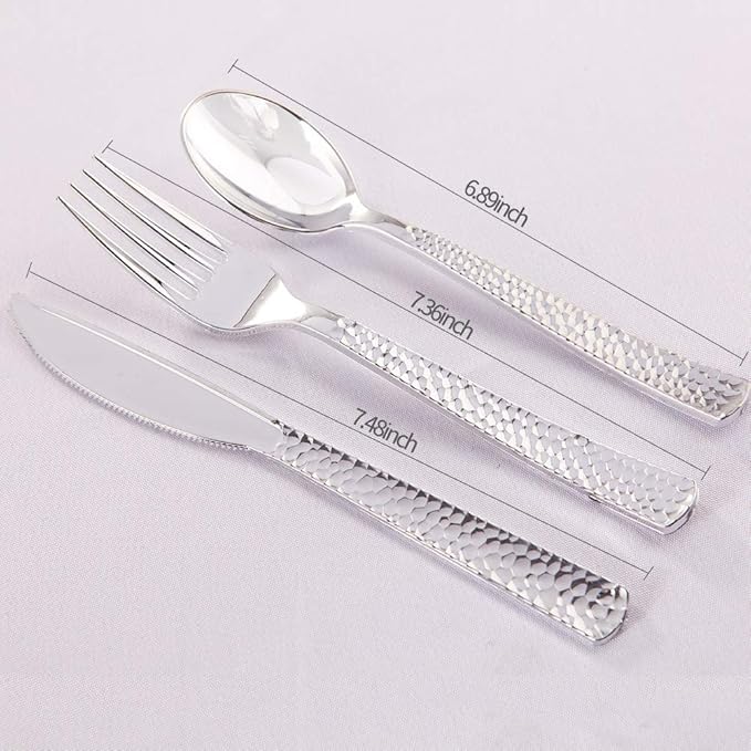 Supernal 360pcs Silver Plastic Cutlery,Elegant Plastic Silverware,Silver Hammed Silverware,Disposable Flatware,Include 120 Forks,120 Knvies,120 Spoons,Perfect for Birthday,Party,Wedding