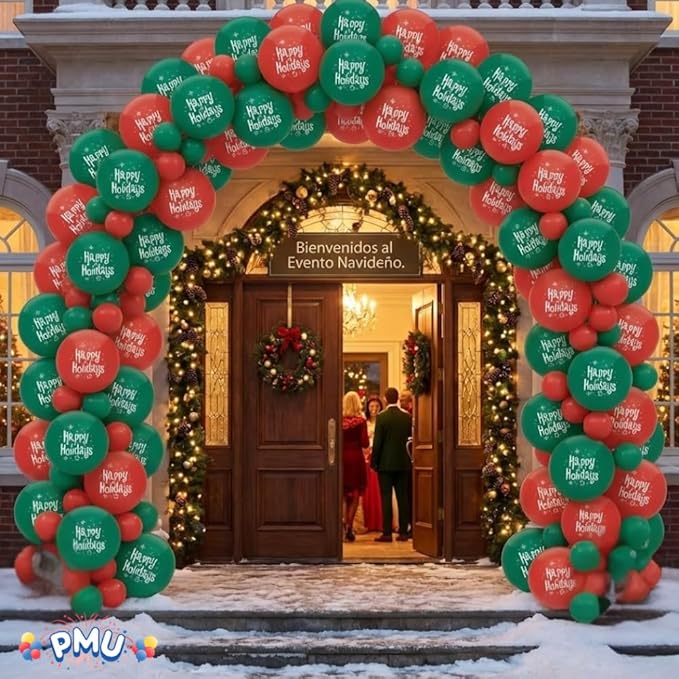 PMU 100 Pcs Christmas 17 Inch Latex Balloons – Red & Green Assorted “Happy Holidays” Party Balloons for Xmas Decorations, Holiday Events, Indoor Outdoor Christmas Party Supplies