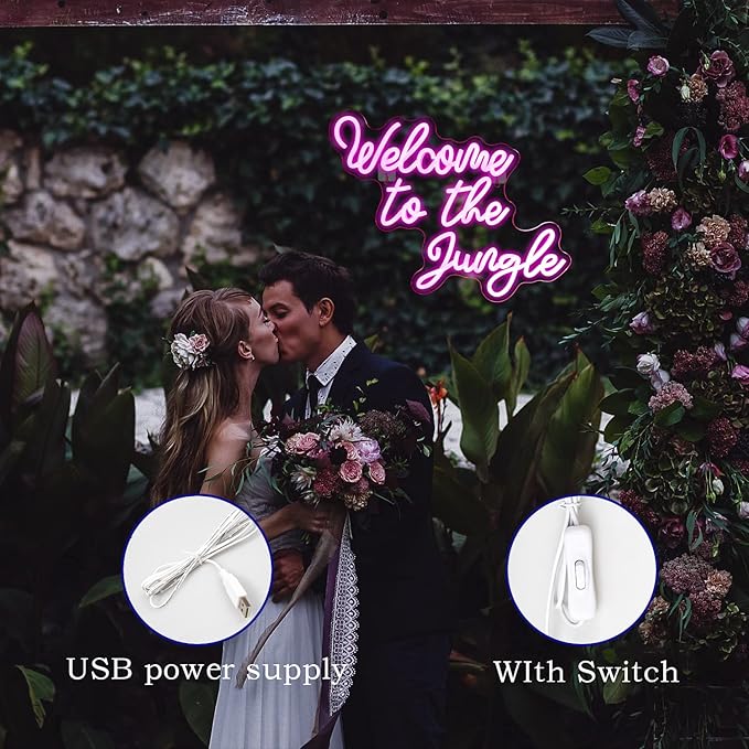 Welcome to the Jungle Neon Sign Pink Led Word Neon Light Signs for Wall Decor Usb Letter Light Up Sign for Bedroom Nursery Kids Room Garden Home Wedding Birthday Party Decorations Gifts