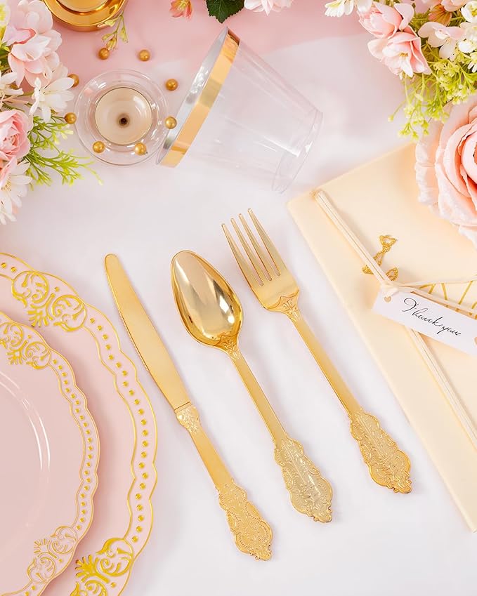 Ciaell 350 PCS Pink Plastic Plates - Pink and Gold Disposable Plates Include 50 Disposable Plate, 150 Heavy Duty Silverware, 50 Cups, 50 Napkins for Wedding & Party & Anniversary & Valentine's Day