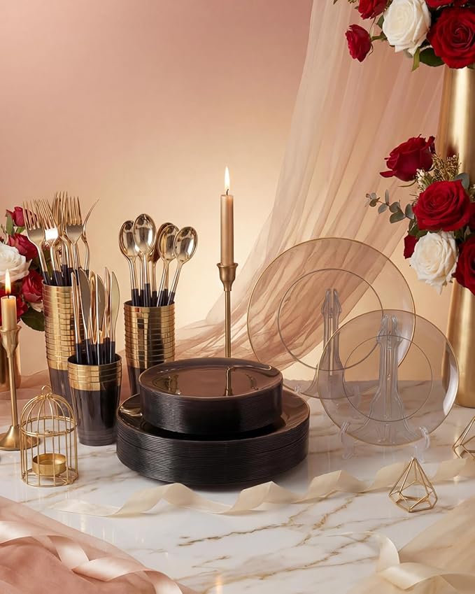 Supernal 180PCS Black and Gold Plastic Dinnerware Set - Black Plastic Plates with Disposable Silverware Include 30 Dinner / 30 Dessert Plates, 30 Forks,30 Knives,30 Spoons & 30 Cups for Party&New Year