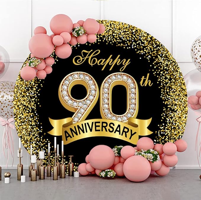 5x5ft Happy 90th Anniversary Round Backdrop Cover Black Gold Happy 90th Years Wedding Anniversary Party Background Luxurious Sequins Sparkle Dots Diamond Ribbon Circle Backdrop Arch Decor