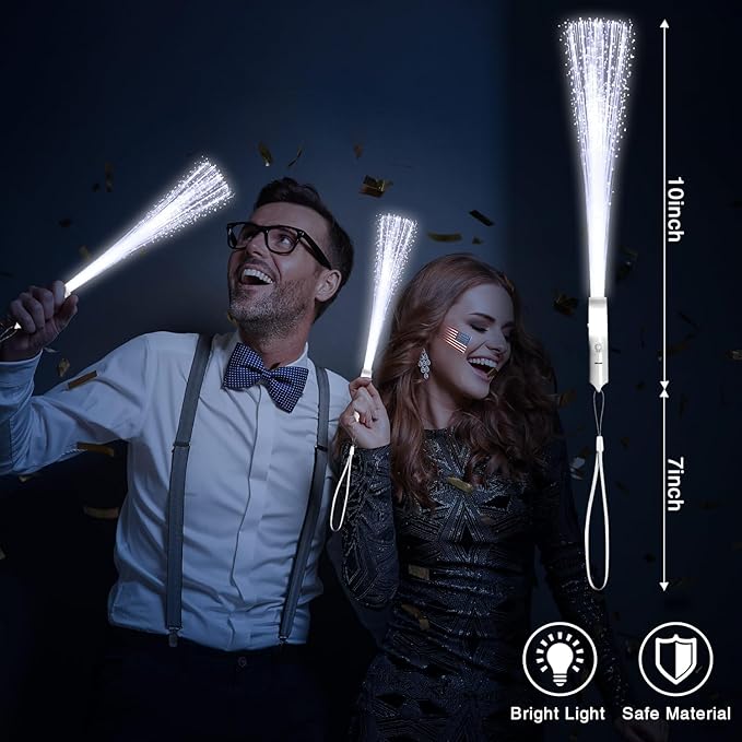 48 PCS White Glow Fiber Wands Sticks LED Light Wands 3 Modes Flashing Fiber Optic Light Rod Bulk Fiber Optic Wands for Wedding July 4th Halloween Christmas