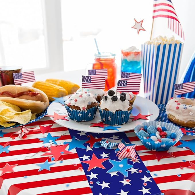 Oudain 12 Pcs Veteran Day Tablecloth 84 Inch Plastic American Flag Tablecloths Disposable 4th of July Table Cover for Veterans Memorial Independence Day Patriotic Party Supplies (Stripe)
