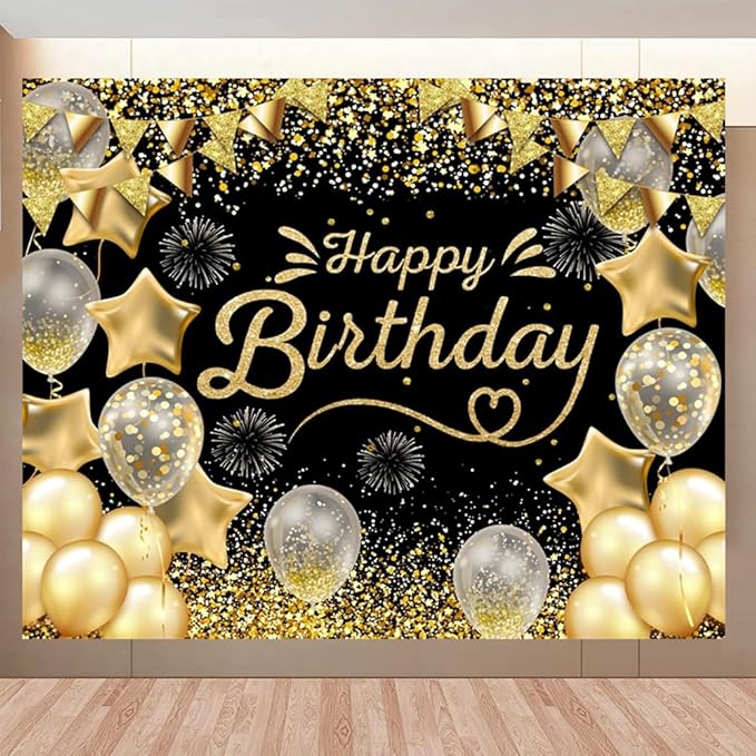 Black Gold Happy Birthday Backdrop 10x8ft for Men Women Boys Girls Birthday Party Banner Decorations with Glitter Star Photo Background Large Wall Decor Props
