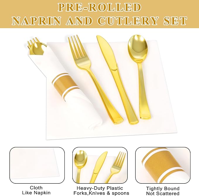 100 Pack Pre Rolled Gold Plastic Silverware Set,Wrapped Plastic Cutlery Set with Napkin Include 100 Forks,100 Spoons,100 Knives and 100 White Napkins for Party, Wedding,showers, Christmas