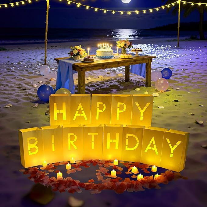 Happy Birthday Decorations for Women Men Girls Light Up Sign Luminary Bags Letters with 2000PC Rose Petals and Candles kit, Happy Birthday Banner for Room Party Decorations, Surprise Gifts Banner