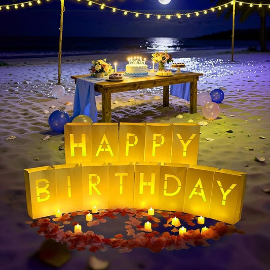 Happy Birthday Decorations for Women Men Girls Light Up Sign Luminary Bags Letters with 2000PC Rose Petals and Candles kit, Happy Birthday Banner for Room Party Decorations, Surprise Gifts Banner