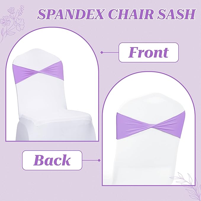VDS Pack of 150 PCS | Lavender | Spandex Chair Sashes Bows Without Buckle | Stretch Elastic Banquet Universal Folding Chair Band Tie with for Wedding Party Conference Celebration Event Decoration
