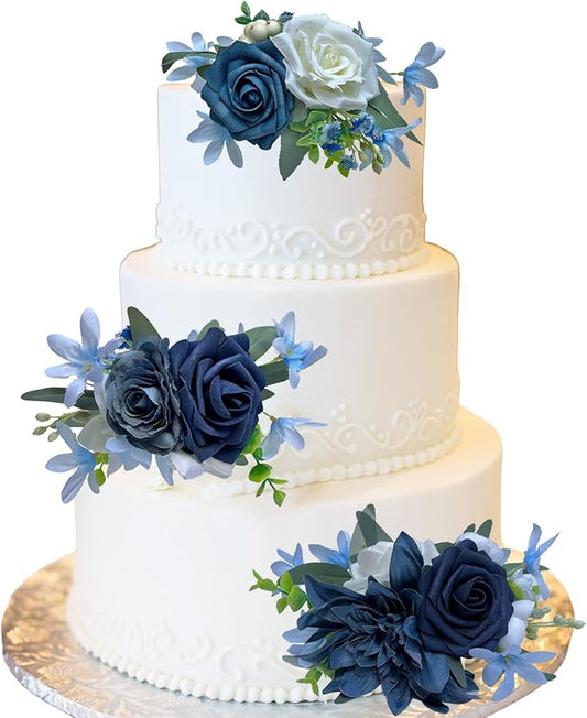 CherishedMoments 3Pcs Cake Topper Set, Wedding Artificial Flowers Decor Blue Cake Topper Decorations for Wedding Ceremony Anniversary, Wedding Home Decor,Fall Vintage Wedding