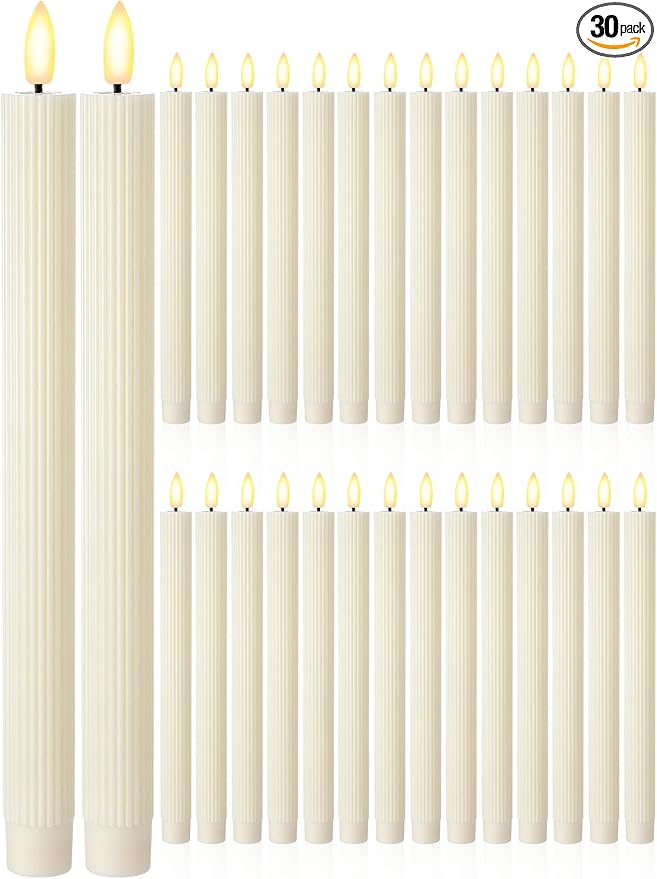 Retisee 30 Pcs 10 Inch Flameless Taper Candles LED Candles Bulk Battery Operated Taper Candle Flickering LED Candlesticks for Valentines Birthday Wedding Party Decor (Elegant Style,Ivory)