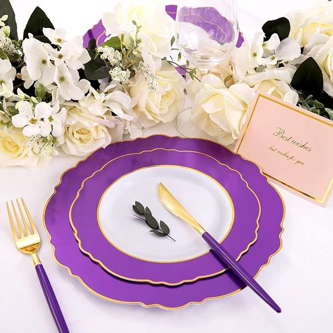 WDF 30Guest Purple Plastic Plates with Gold Rim & Disposable Gold Plastic Silverware With Purple Handle - Baroque Party Plates Mardi Gras Plate for Birthday Parties/Wedding