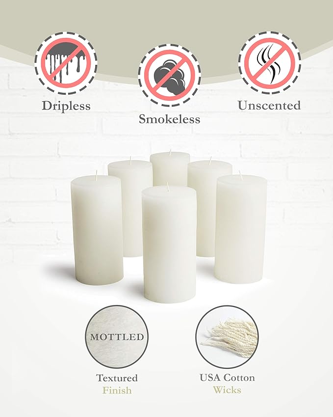 Mottled Pillar Candles by Bask - Set of 6-3" x 6" Dripless Unscented Candles in White for Home Decor, Relaxation & All Occasions