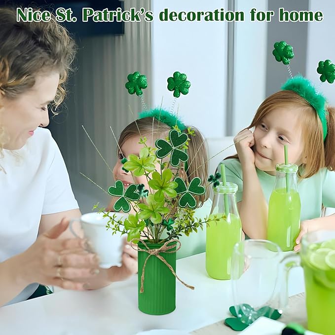 TORONTOKYO 6Pcs St Patricks Day Decorations Artificial Potted Plant Green Shamrock Stems Floral Picks Small Fake Plant for Home Party Table Centerpiece Decor