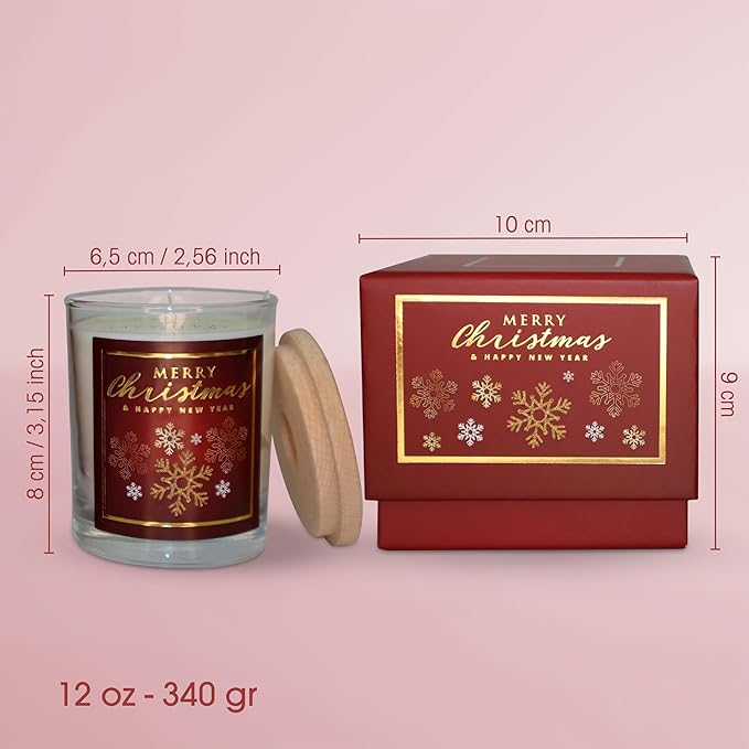CharmLab Candle – Christmas, 12 oz Glass Jar with Wooden Lid, Wood & Spice Sandal Scent, 40H Burn, Red Snowflake Design, Luxury Gift Box, Elegant Holiday Candle, Christmas Gift & Home Decor
