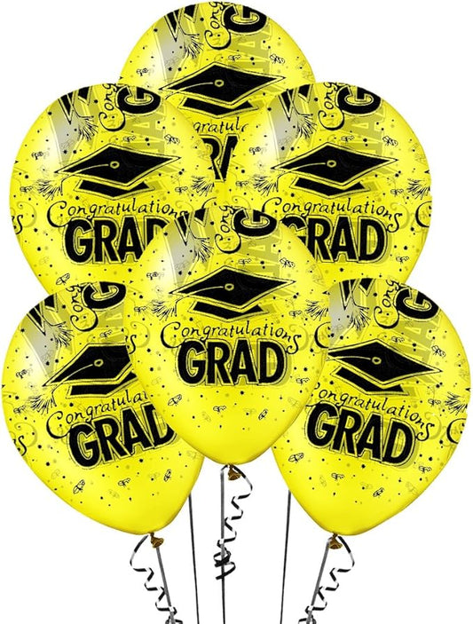 PMU 100 Pcs Crystal Yellow Graduation Balloons Class of 2025 with All-Over Print White Grad Caps-Confetti and Streamers | Graduation Party Supplies | Congratulations Grad Latex Balloons Latex