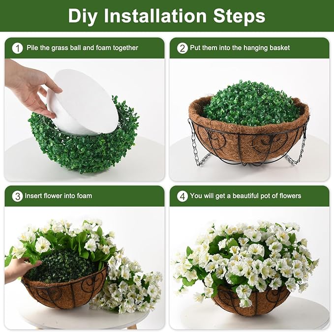 Homsunny Artificial Fake Hanging Flowers Plants Basket for Outdoors,Artificial Petunias for Outdoor Fake Silk Flowers Porch Patio Courtyard Spring Summer Decor(Green White)