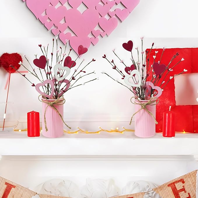 TORONTOKYO Valentines Day Decor, 6 Pack Valentine's Day Artificial Potted Plant Heart Shaped Valentines Day Picks with Berries Metal Pot for Home Office Table Centerpiece Decor