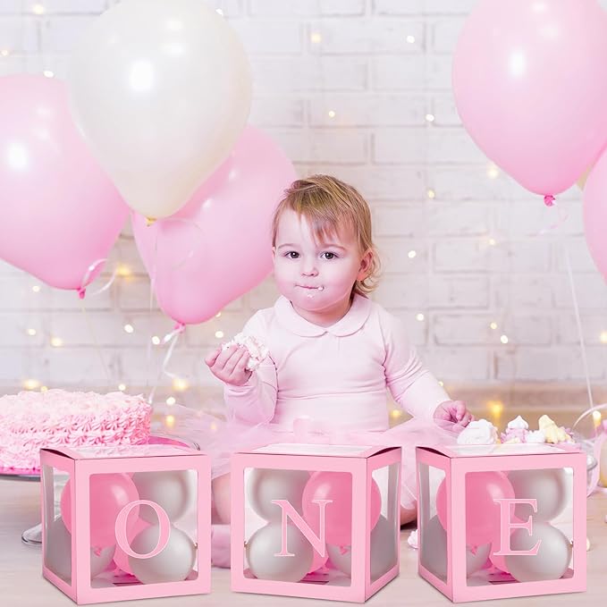 Thyle 12 Pcs Transparent Balloon Boxes Clear Balloon Boxes with 99 Letters for Baby Shower Gender Reveal Grad Birthday Party Bridal Wedding Anniversary Backdrop Decoration (Pink)