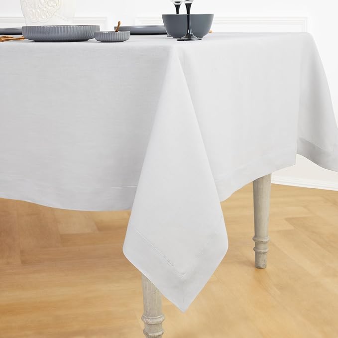 Solino Home Linen Tablecloth 60 x 90 Inch - 100% Pure Linen Silver Cloud Table Cloth for Rectangle Tables - Fete, Machine Washable Tablecloth for Winter