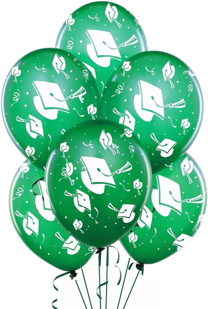 PMU 100 Pcs Emerald Green Graduation Balloons Class of 2025 with All-Over Print White Grad Caps-Confetti and Streamers | Graduation Party Supplies | Congratulations Grad Latex Balloons Latex