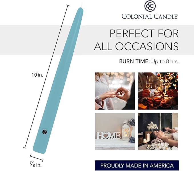 Colonial Candle Unscented Taper Candle, Handipt Collection, Coastal Blue, 10 in, Pack of 12 - Up to 8 Hours Burn
