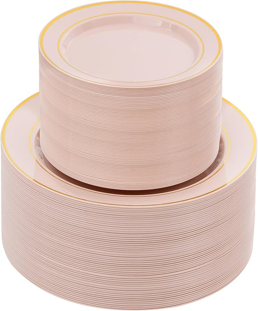 NOCCUR 200PCS Pink Plastic Plates for 100 Guests - Include 100PCS 10" Dinner/ 100PCS 7" Dessert Plastic Plates Heavy Duty - Ideal for Wedding/Party/Valentines & Galentines Day