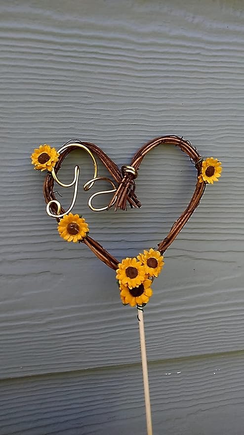 Country Wedding Cake Topper with Letter Personalization and Sunflowers