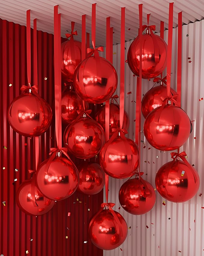 Jenaai 30 Set Valentine's Day Round Foil Balloons Bulk 22 Inch 4d Metallic Giant Balloons Set with Satin Bows Ribbon for Ceiling Holiday New Year Birthday Wedding Party Decoration(Red)