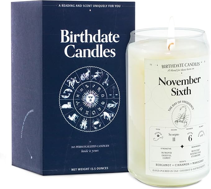 Birthdate Candles, November 6 - Scorpio Zodiac Scented Candles Birthday Gift - Bergamot, Cinnamon & Mahogany Scent - All-Natural Soy & Coconut Wax, 60-80 Hour Burn Time - Made in USA