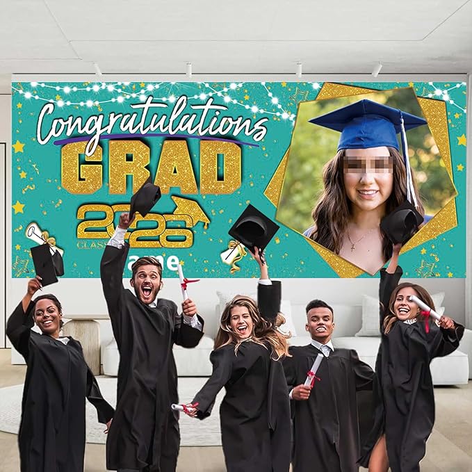 Custom Garaduation Garage Door Banner Cover 16 x 7 ft Class of 2026 Congrats Grad Party Backdrop Personalized Graduation Decoration(Peacock Blue and Gold)