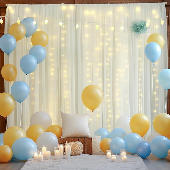 30x10ft Ivory Tulle Backdrop Curtain with Lights String for Parites, Sheer Photo Backdrop Curtains with lights for Wedding Backdrop Ceremony Reception Bridal Shower Baby Shower Birthday Party