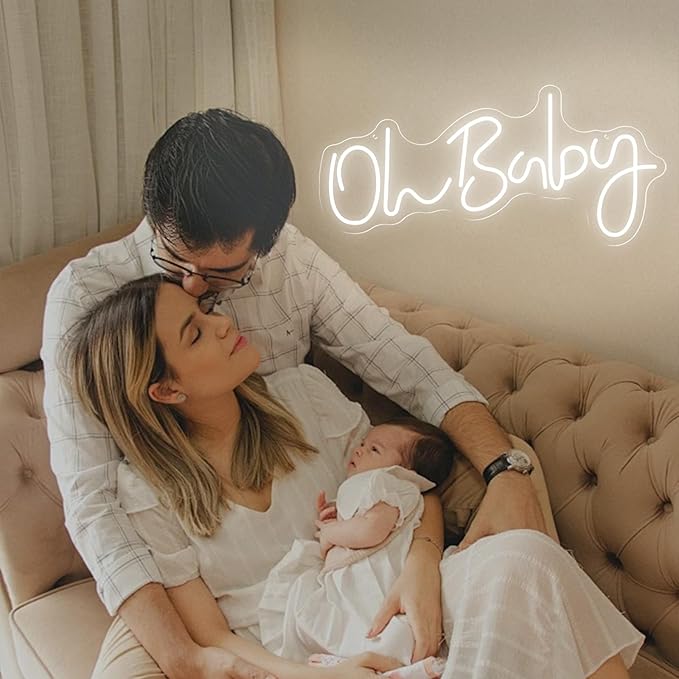 HMT Oh Baby Neon Sign for Backdrop Wall Decor Large Size 19.6×8.6 Inch LED Neon Lights for Baby Shower Decorations Boy and Girl Room Decor LED Light Up Sign for Party Decorations Photo Prop USB (White)