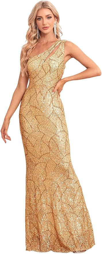 One Shoulder Formal Sequin Dress for Women Sparkly Bodycon Evening Gowns Maxi Mermaid Ball Long Dresses