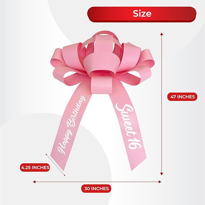 CarBowz Big Car Bow, Sweet 16 Happy Birthday, Giant 30" Bow, Non Scratch Magnet, Weather Resistant Vinyl (Pink)