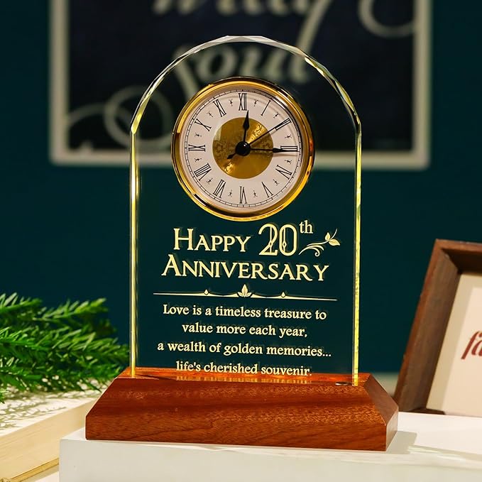 YWHL Happy 20th Wedding Anniversary Clock Gifts for Her Him, 20 Years Anniversary Glass Gift for Couples, Table Clock Presents with Wooden Light Base for Home Decoration (Battery not Included)