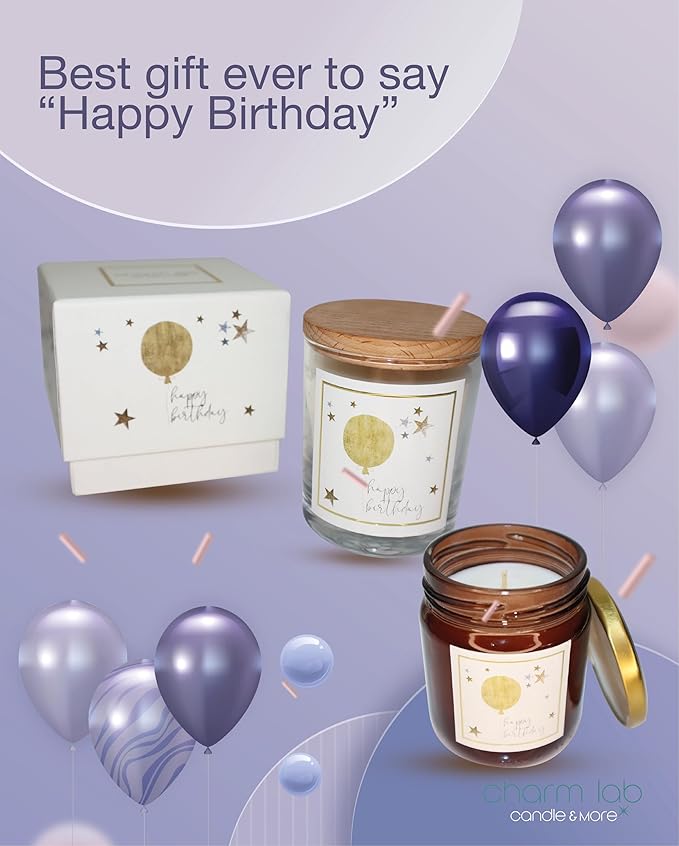 CharmLab Candle - Happy Birthday, Wood & Spice Sandalwood Scented, Natural Bio Wax, 12 oz Jar, Long Lasting, Up to 40 Hours Burn Time, Birthday Gifts for Women, Men, Mom, Dad, Sister, Teacher, Friends