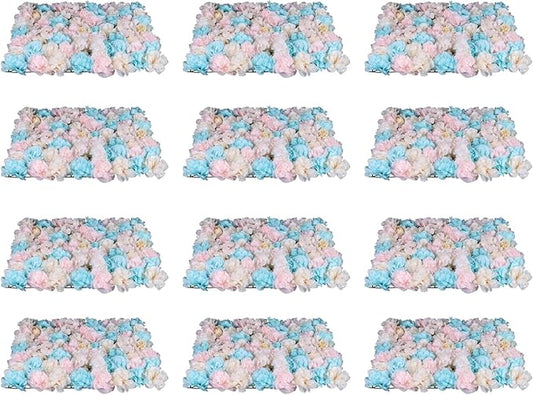 12 Pcs Artificial Flowers Decoration, Floral Background Walls Artificial Flowers Wall Panels, 23.62" X 15.74" Silk Rose Rayon Flower Wall Mat Backdrop for Wedding Party Event Decor